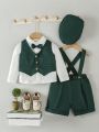 Baby Boys' Butterfly Collar Shirt, Button Up Vest, Suit Jacket, Suspenders Shorts, And Hat Set