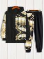 Manfinity Homme 2pcs/set Men's Palace Pattern Printed Hoodie With Slanted Pocket And Sweatpants