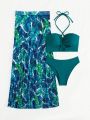 SHEIN Swim Vcay Criss Cross Bikini Set + Tropical Print Beach Skirt