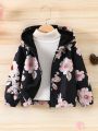 SHEIN Kids SUNSHNE 1pc Girls' Floral Print Hooded Jacket For Vacation Style, Autumn And Winter