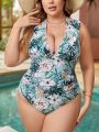 SHEIN Swim Vcay Plus Size Women's Ruffled Tropical Plant Print One-Piece Swimsuit