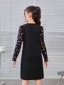 SHEIN Girls' Vintage Simple Street Style V-Neck Long Sleeve Dress With Heart Print