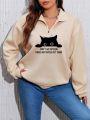 Plus Size Women's Cartoon Cat Pattern Half Zip Hoodie With Pocket