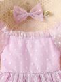 Baby Girl Dobby Mesh Overlay Puff Sleeve Ruffle Trim Dress