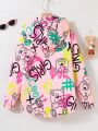 SHEIN Kids EVRYDAY Big Girl's Bear Letter Print Casual Hooded Jacket