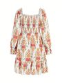 Mahdedesign Full Printed Shirred Panel Flare Sleeve A-Line Dress