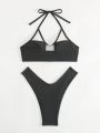 SHEIN Swim BAE Women'S Halterneck Lace-Up Swimsuit Bikini Set