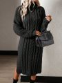 SHEIN LUNE Cable Knit Drop Shoulder Split Hem Sweater Dress