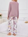 Maternity Contrast Color Round Neck Top And Flower Pattern Pants Pajama Set