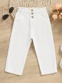 Infant Girls' Casual White Cone-shaped Jeans With Flower-shaped Waist Button Closure For Vacation