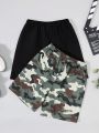 SHEIN Kids EVRYDAY Tween Boys' Loose Fit Casual Woven Camo & Solid Color Shorts 2pcs/set