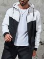 Men Plus Two Tone Drawstring Hooded Zip Up Thermal Lined Sweatshirt