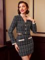 SHEIN DECDS Vintage Elegant 2pcs Plaid Tweed Jacket With Pearl Decorated Button & V-Neck Vest And High Waist Mini Skirt With Lace Hem Decoration For New Year Christmas Party