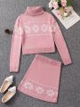 SHEIN Kids HYPEME Tween Girl Snowflake Pattern Turtleneck Sweater & Knit Skirt