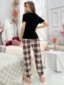 Heart Print Short Sleeve T-Shirt And Plaid Pants Homewear