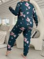 Women's Plus Size Floral Printed Long Sleeve Top And Long Pants Pajama Set
