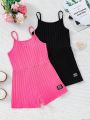 SHEIN Kids Y2Kool Teenage Girls' Sporty & Cool Knitted Solid Color Jumpsuit With Spaghetti Straps, 2pcs/Set
