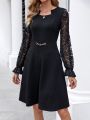 EMERY ROSE Women's Long Sleeve Lace Patchwork Chain Detail Bodycon Dress