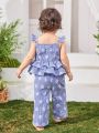 SHEIN Baby Girl Casual Plaid & Flower Pattern Sleeveless Top With Elastic Waist Long Pants Set, Vacation Style