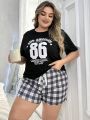 Plus Size Women's Letter Printed Short Sleeve Plaid Shorts Pajama Set