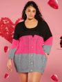 SHEIN CURVE+ Women's Plus Size Color Block Button Front Cardigan