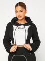 SHEIN SXY Contrast Color Casual Hooded Sweatshirt With Typography Print