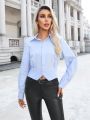 SHEIN Privé Blue Irregular Hem Long Sleeve Shirt