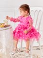 SHEIN Baby Girl 1pc Mom And Me Cute And Sweet Rose Red Stitching Three-Dimensional Flower Mesh Long-Sleeved Dress