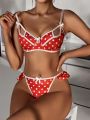 Polka Dot Print Underwire Bra Set With Bow Decoration