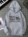 Plus Skull & Slogan Graphic Kangaroo Pocket Drawstring Thermal Hoodie