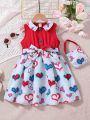 SHEIN Kids EVRYDAY Little Girls' Color Block Heart Printed A-Line Dress With Belt