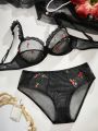 Women's Embroidered Sheer Mesh Splice Bra And Panties Set