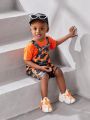 Baby Boys' Summer Orange Round Neck Top With Overall Shorts Set