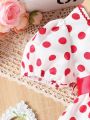 Baby Girls' Red Belt & Polka Dot Printed Puffy Short Sleeve Dress For Performance