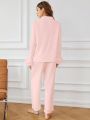 Fuzzy Cuff Pocket Patched Blouse & Pants PJ Set