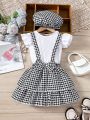 SHEIN Kids FANZEY Toddler Girls' Ladylike Style T-Shirt And Gingham Bowknot Suspenders Skirt With Hat