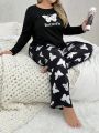 Women's Plus Size Butterfly & Letter Printed Long Sleeve Pajama Set
