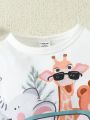 SHEIN Baby Boys' Casual Animal (Giraffe/Elephant/Bear/Car) Printed Top And Solid Color Shorts Set, Suitable For Spring And Summer Outfits