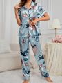 Women'S Dog Printed Satin Pajama Set