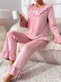 Contrast Lace Ruffle Trim Flounce Sleeve Bow Front Flannelette PJ Set