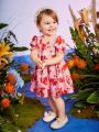 Summer Baby Girls' Rose & Lace Patchwork Printed Dress With Lace Hem, Suitable For Parties And Daily Wear