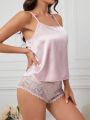 Women'S Satin Cami Top And Lace Shorts Pajama Set