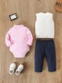 3pcs/Set Casual Striped Turn-Down Collar Romper With Solid Color Sweater Vest And Long Pants For Baby Boys