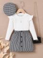 SHEIN Kids SUNSHNE Toddler Girls Ruffle Trim Tee & Houndstooth Print Skirt & Hat