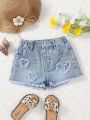 Girls' Lovely & Casual & College Style Hearts Patches Embroidery Denim Shorts For Vacation