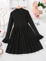 SHEIN Kids Cooltwn Big Girls' Warm Knitted Solid Color Stand Collar Long Sleeve A-line Dress, Winter