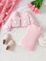 Baby Girl 2pcs/Set 3d Flower Decor Single Button Jacket And Sleeveless Dress Set