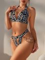 Women'S Chain Decorated Letter Patterned & Hollow Out Design Sexy Lingerie Set