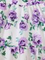 Baby Girl Spring & Summer Purple Floral Printing & Ruffled Edge Casual Suspender Dress