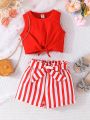 Little Girls' Monochromatic Vest Top With Belted Striped Shorts Outfit